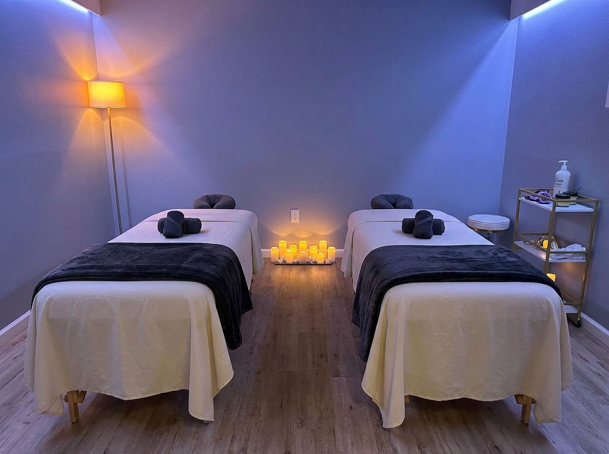 Two massage tables side by side in a candlelit couples suite