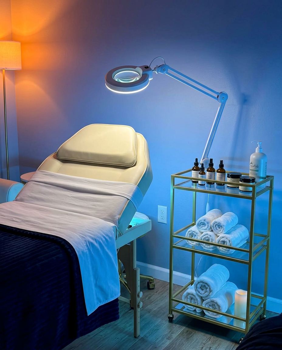 Serum bottles and rolled towels on dark stone in a facial treatment room