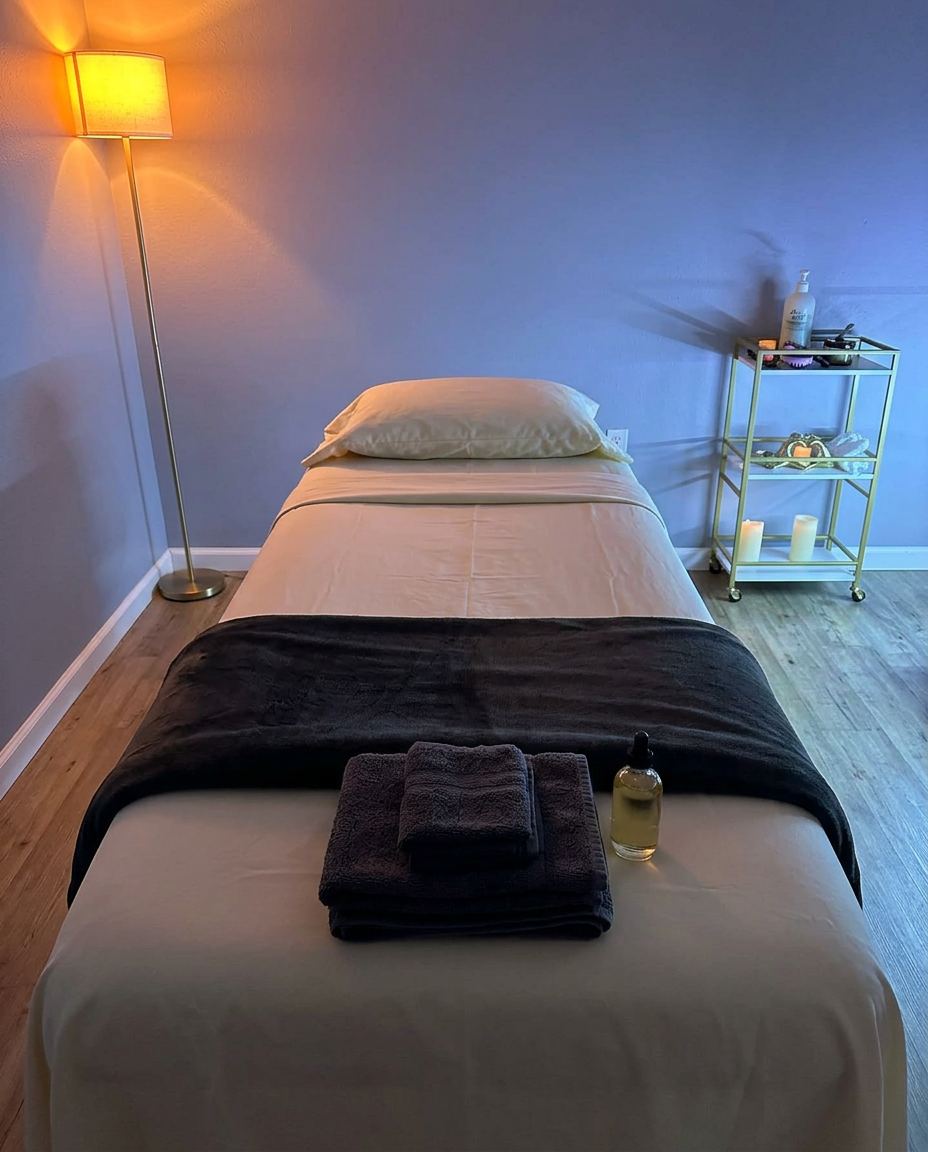 Warmly lit massage table with folded linens in a dark treatment room
