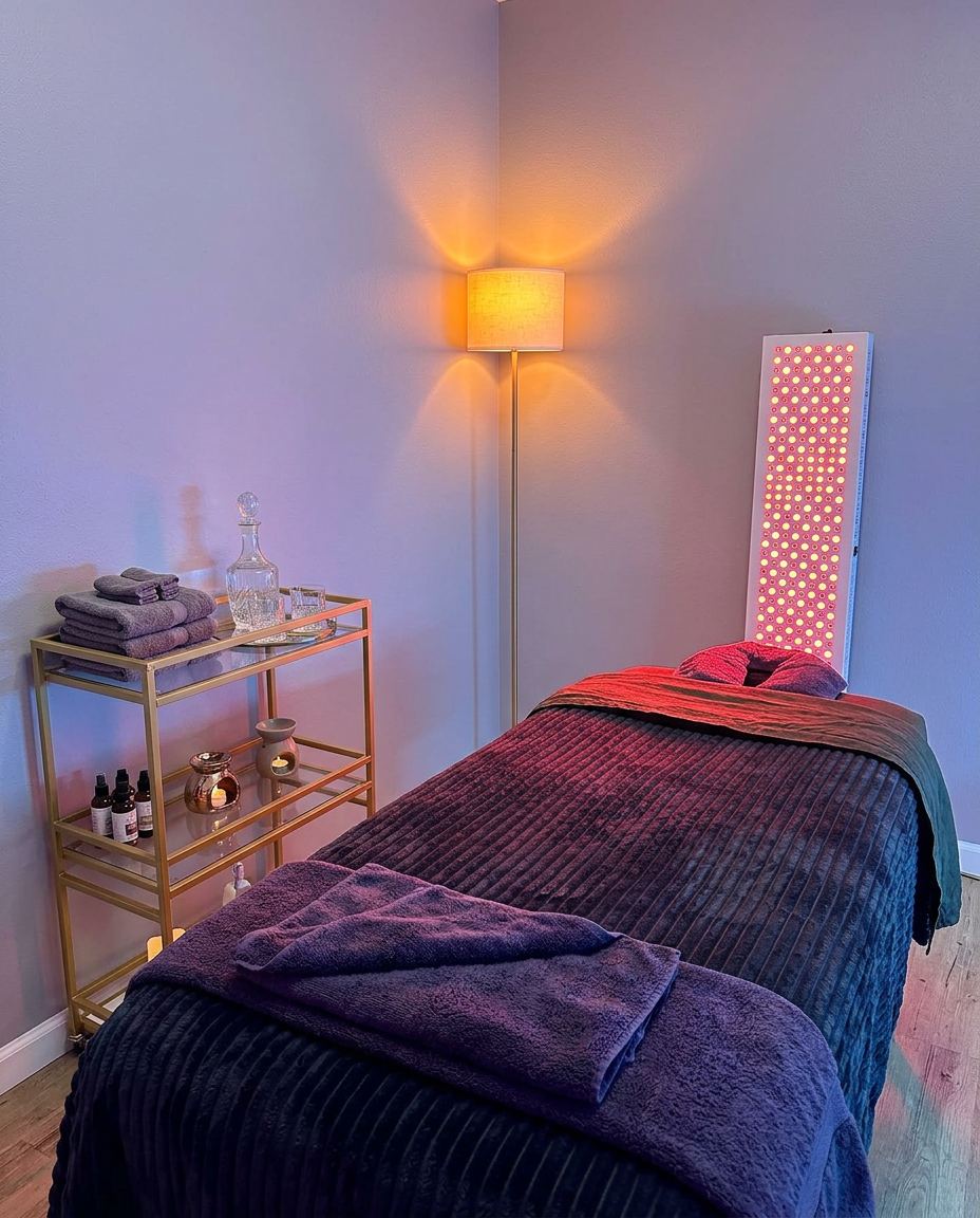 Cedar infrared sauna interior glowing amber with eucalyptus on the bench