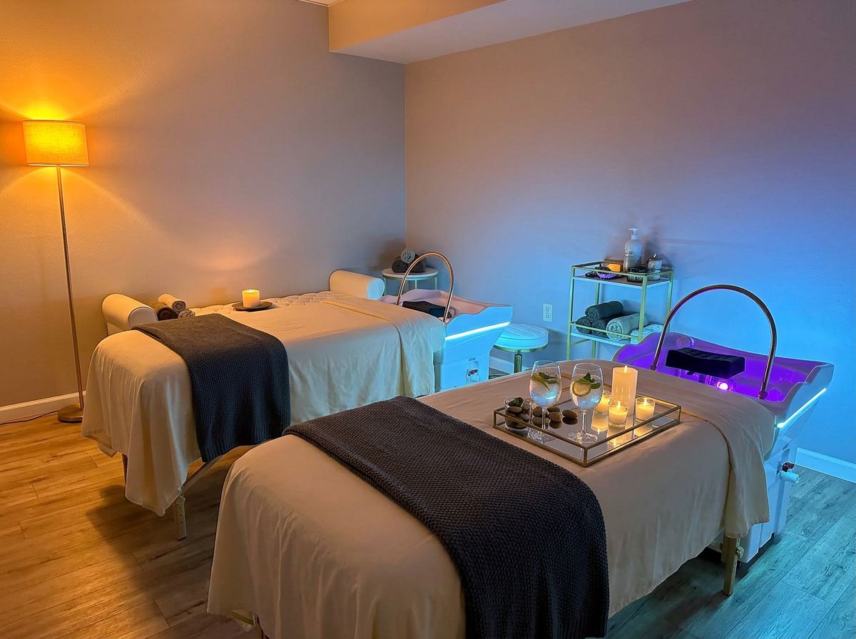 A couples treatment suite with two linen-dressed tables, candlelight, and a deep plum accent wall